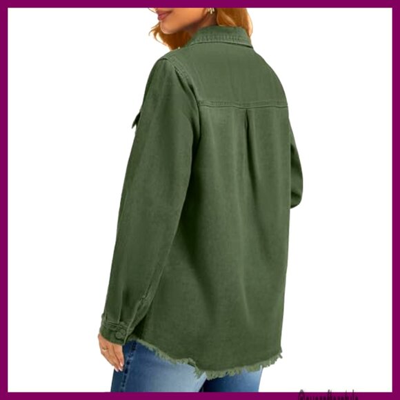 Oversized Distressed Denim Jacket Women's Button Shacket Casual Vintage - Picture 3 of 6